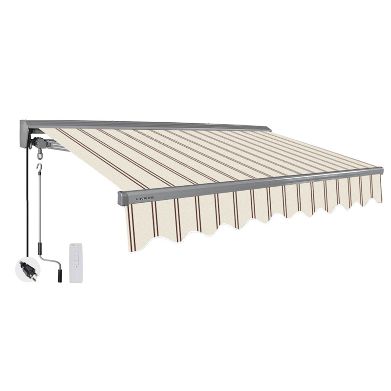 Classic Series 8'x7' Motorized Patio Retractable Awning, 9.8" H x 96" W x 84" D, Natural Beige with Brick Red Stripes