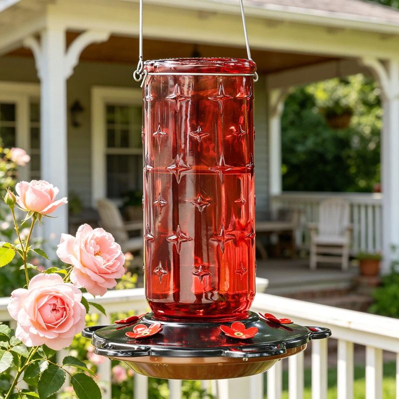 Mangeoire à colibri en verre 32 onces pour l'extérieur, mangeoire à oiseaux sauvage suspendue avec 5 ports à fleurs rouges et perchoirs, mangeoire à nectar de grande capacité pour le jardin, la cour, la décoration de patio, rouge