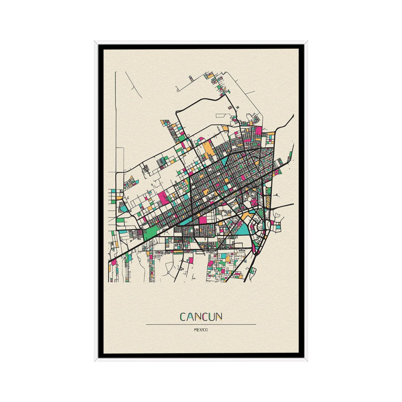 Cancun, Mexico Map by Ayse Deniz Akerman - Floater Frame Print on Canvas