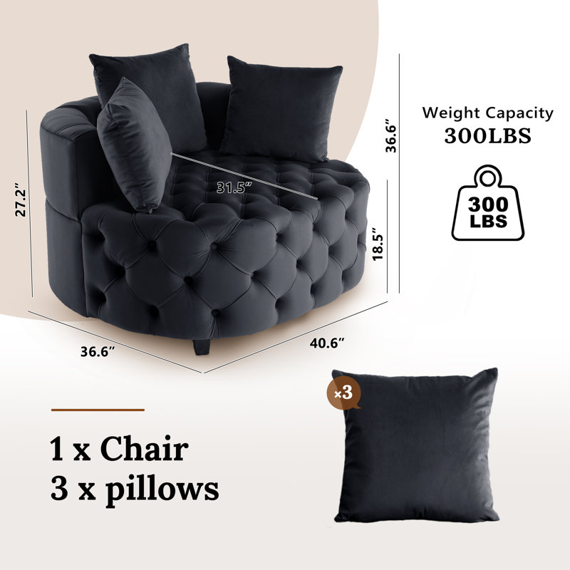 Keoka 36.6'' Wide Tufted Velvet Big Barrel Chair with Three Pillows, Black Velvet