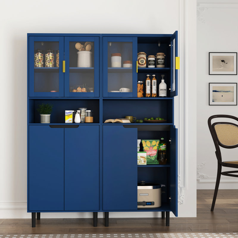 Tall Blue Lockable Bathroom Storage Cabinet with Glass Doors