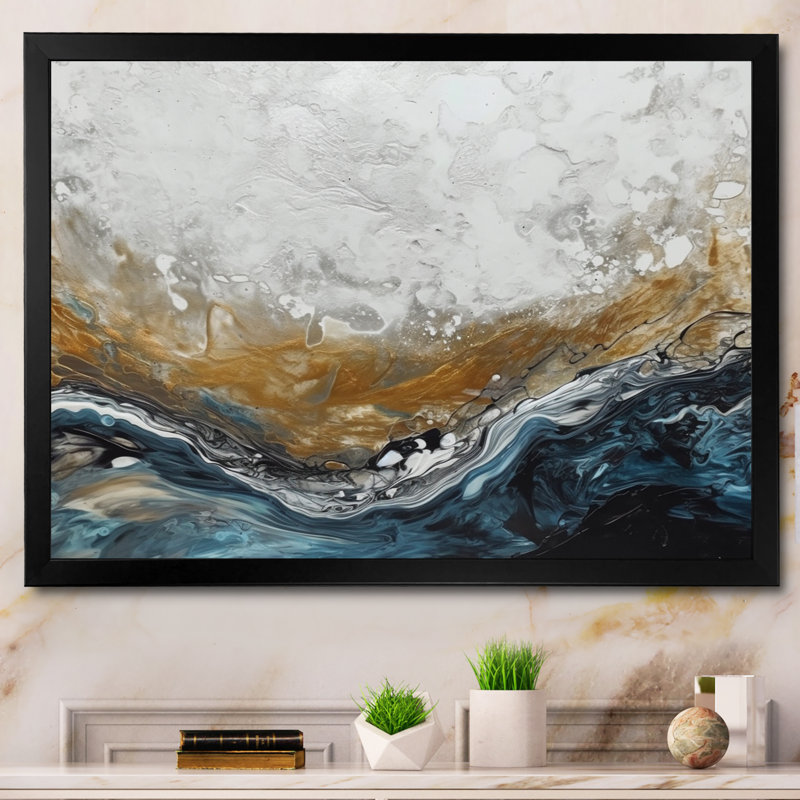 Gris doré moderne abstrait contemporain II - art mural abstrait en marbre, Cadre simple noir, H 16 po x l 32 po x P 1 po