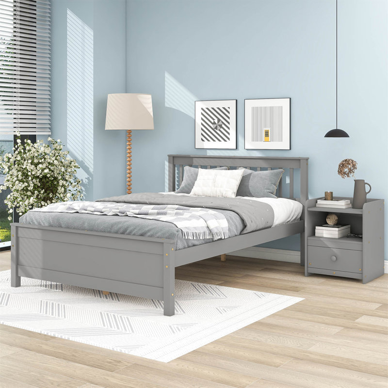 Rista 2 Piece Bedroom Set, Bed with Headboard and Footboard, with a Nightstand, Gray, Full/Double