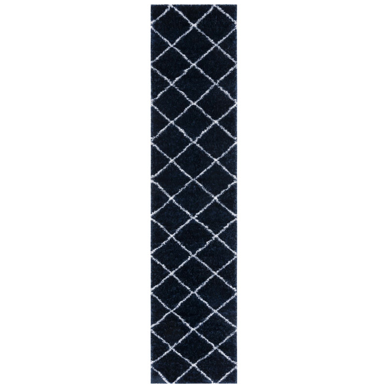 Navy and White Geometric Shag Runner Rug, 2' x 9'