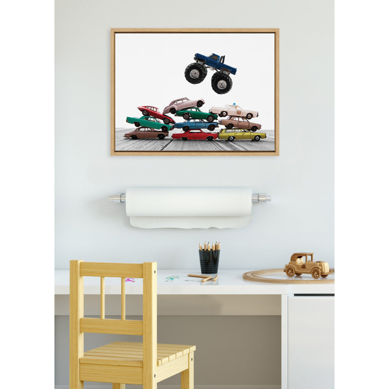 Vintage Stacked Matchbox Cars and Monster Truck by Saint and Sailor Studios Framed Canvas Wall Art Print, Natural