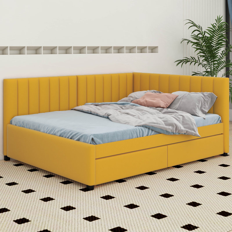 Aynslie Full Size Upholstered Daybed with 2 Storage Drawers Sofa Bed Frame, Yellow