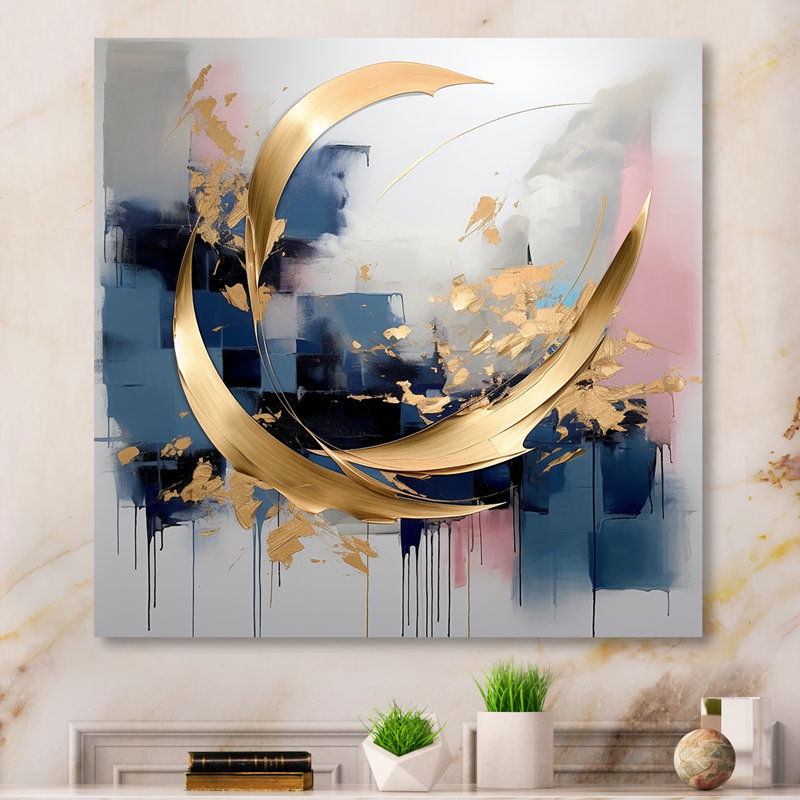 Golden Blue Abstract Whirls Of Serenity III - Fractal Metal Wall Art Print, 16" H x 16" W