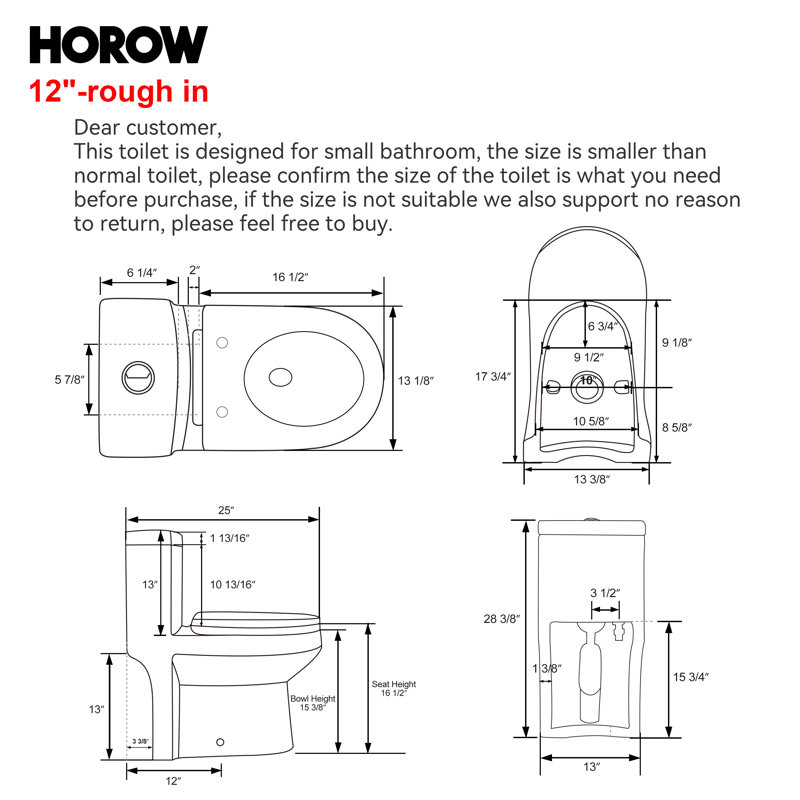 HOROW Nia Compact One-Piece Round Toilet with Dual-Flush System, Space-Saving Floor-Mounted Design, 1.28 GPF, Gold Button