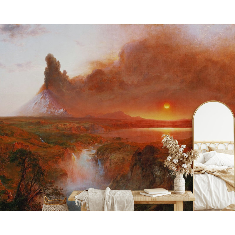 Volcano Sunset papier peint dramatique paysage éruption murale, L 140 po x L 108 po