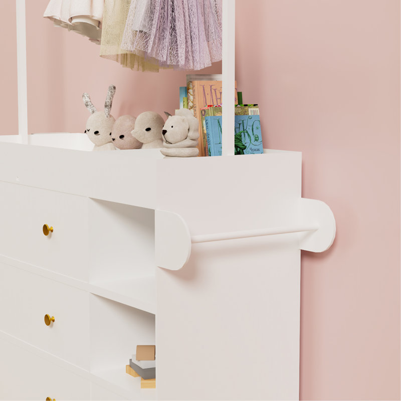 Commode de table moderne, table à langer avec 3 tiroirs très profonds, tablettes de rangement et cintres, table à langer multifonctionnelle avec séchoir pour chambre de bébé
