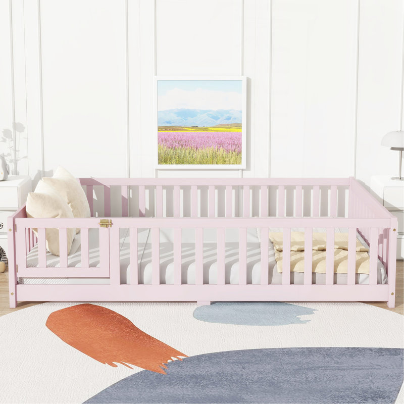 Full Size Floor Bed With Fence And Door,Rubber Wood Floor Bed With Safety Guardrails,Pink, Full, Pink