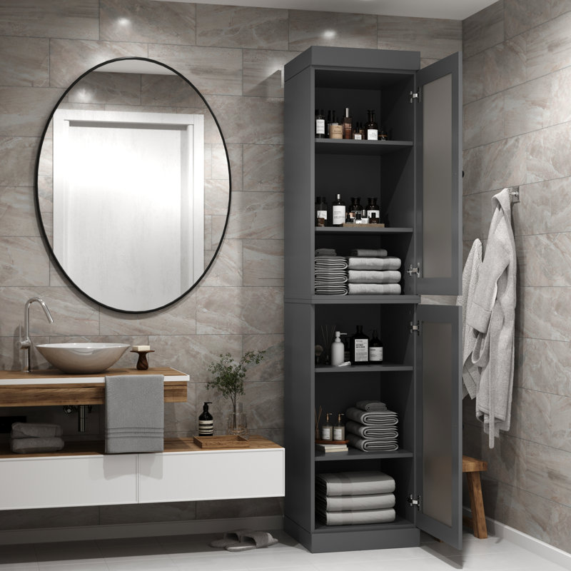 Palace Imports 100% Solid Wood Bathroom Storage Cabinet, Frosted Glass Doors, Adjustable Shelves, 16.5" Wide, 71.5" Tall
