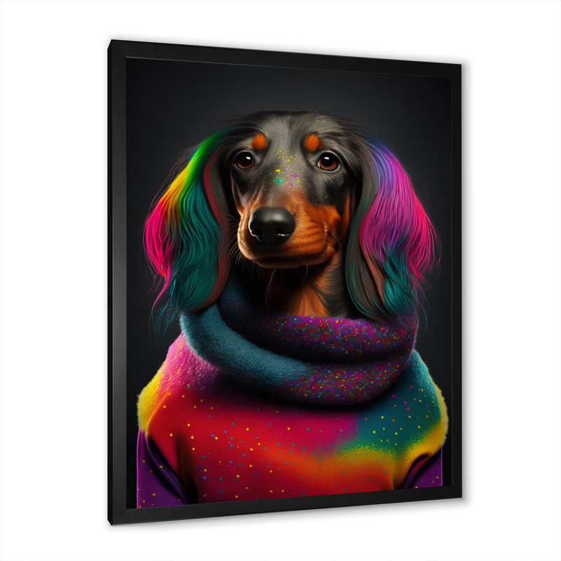 Teckel froid dans un chandail arc-en-ciel - Imprimé, H 32 po x l 16 po x P 1 po, Cadre simple noir