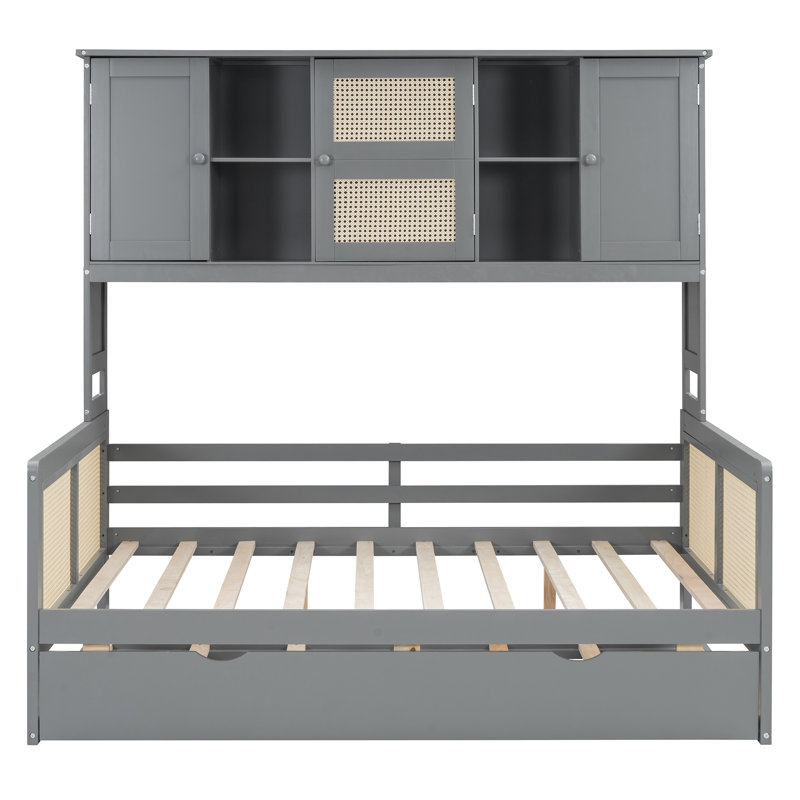 Lit de jour en bois avec lit gigogne, armoire et tablette, Gris, Lit double