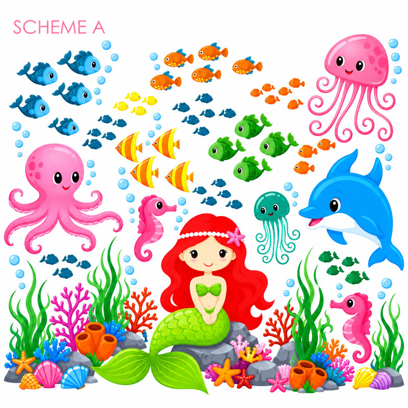 Décalcomanie murale en vinyle Mermaid, Under the Sea and Ocean Nursery, Schéma A
