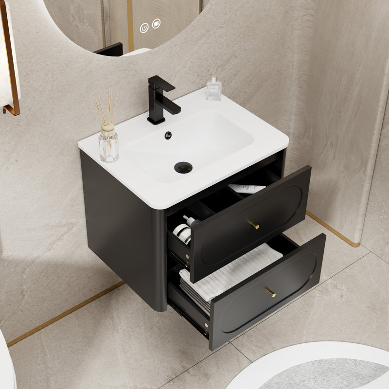 Meuble-lavabo mural 24 po avec comptoir intégré, meuble-lavabo flottant moderne peint à la main avec 2 tiroirs et bords arrondis