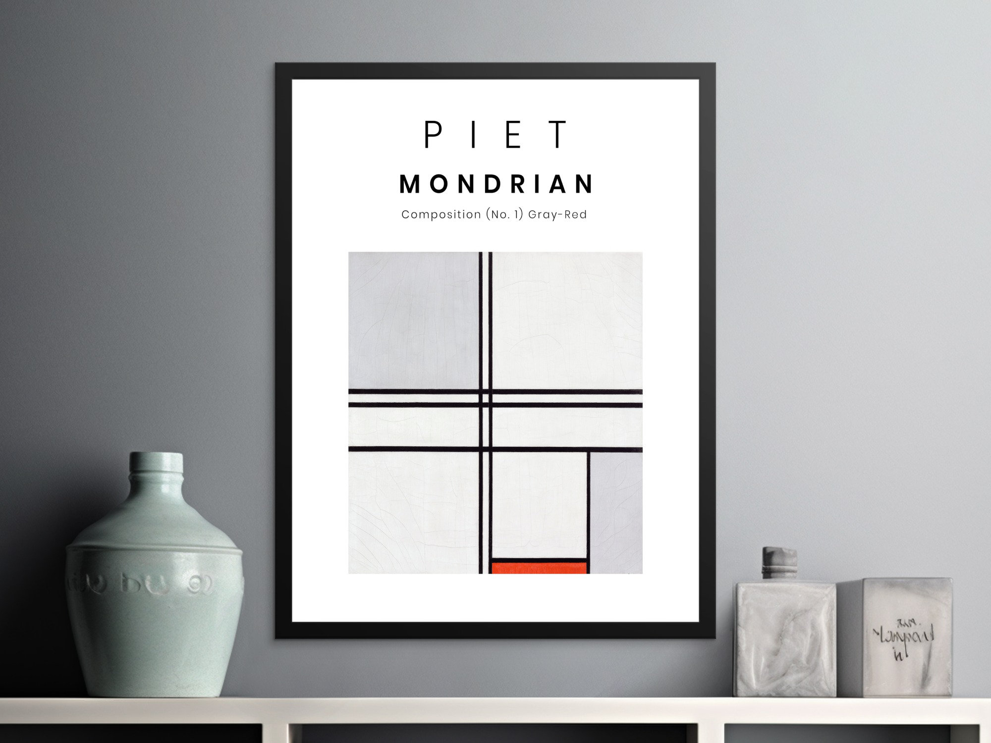 Modrian Framed Brayden Studio Piet Mondrian Composition Gray-Red Modernist Art Framed ...