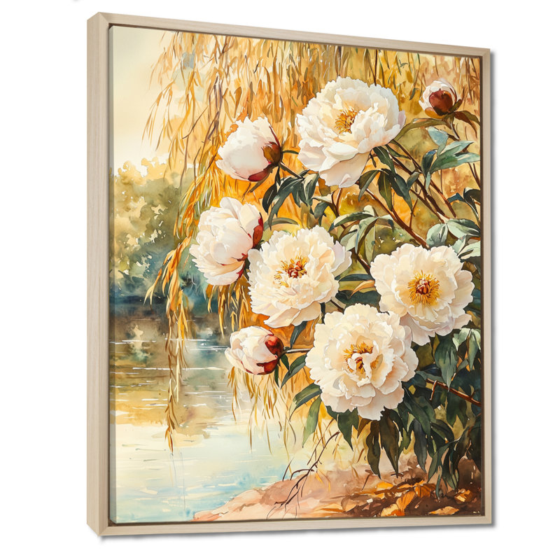 Pivoines par le saule d'automne IV - pivoines, art mural encadré, H 40 po x l 30 po, Reproduction avec cadre flottant