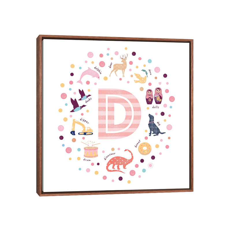 Lettre illustrée D rose - impression, Pas de tapis, Toile avec cadre brun, H 37 po x l 37 po x P 1,5 po