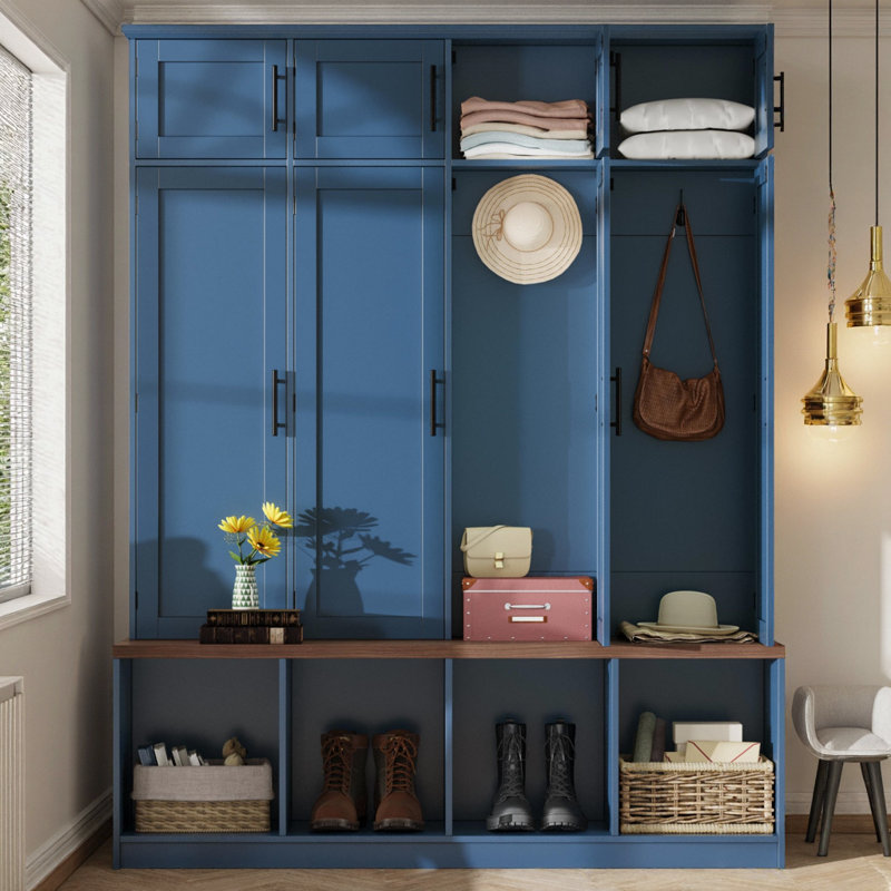 75" Farmhouse Hall Tree with 4 Hidden Hooks, 8 Shoe Doors, 4 Open Cubbies, 180 lb Bench, Anti-Tip Kit, Mudroom Entryway, Blue