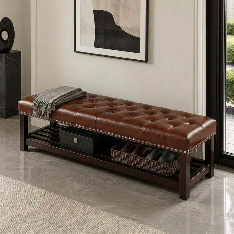 Banc de rangement en similicuir Valma, Brun