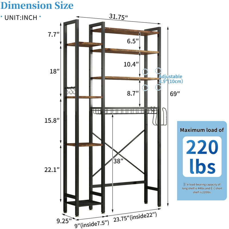 Vintage Brown 8 Over Toilet Storage Rack With Adjustable Shelf And Paper Holder, Freestanding Organizer For Bathroom Balcony - Six Non Slip Feet Stability In Walnut Color, Side Rack, Drain Basket,