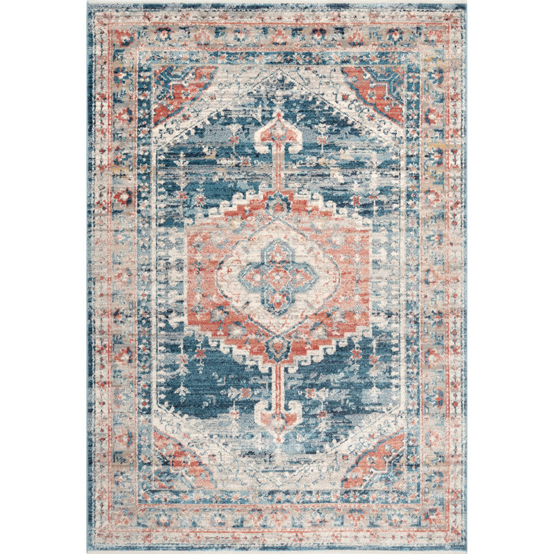Mauna Oriental Medallion Loa Power Loom Performance Blue/Orange Rug, Rectangle 3' x 5'2"