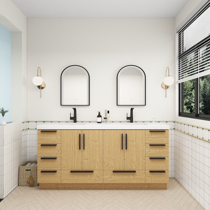 Meuble-lavabo autoportant avec lavabo double 70,8 po Carla, 71", Chêne naturel