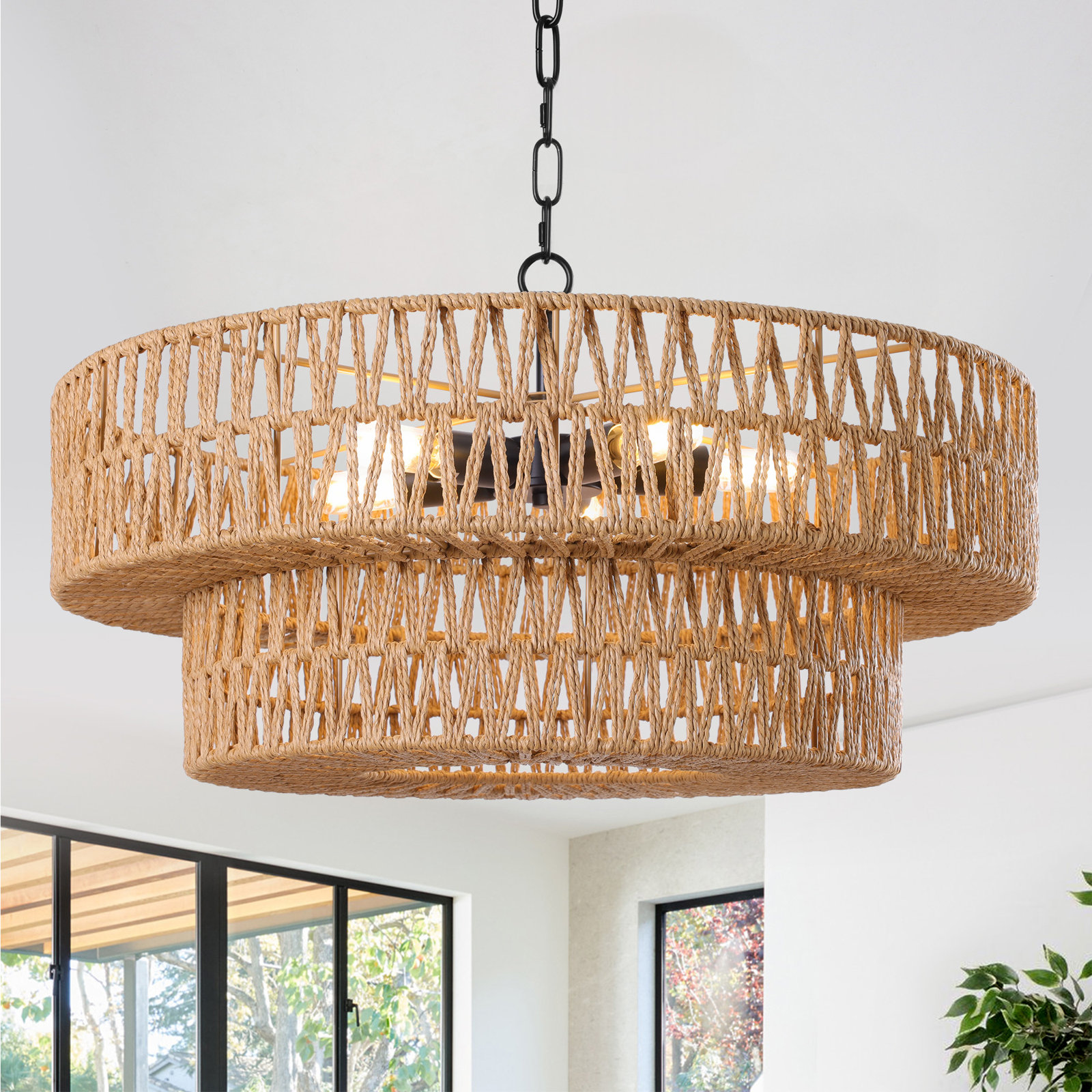 5-Light 21.6" Dimmable Hand-Woven Rattan Drum Chandelier, Matte Black