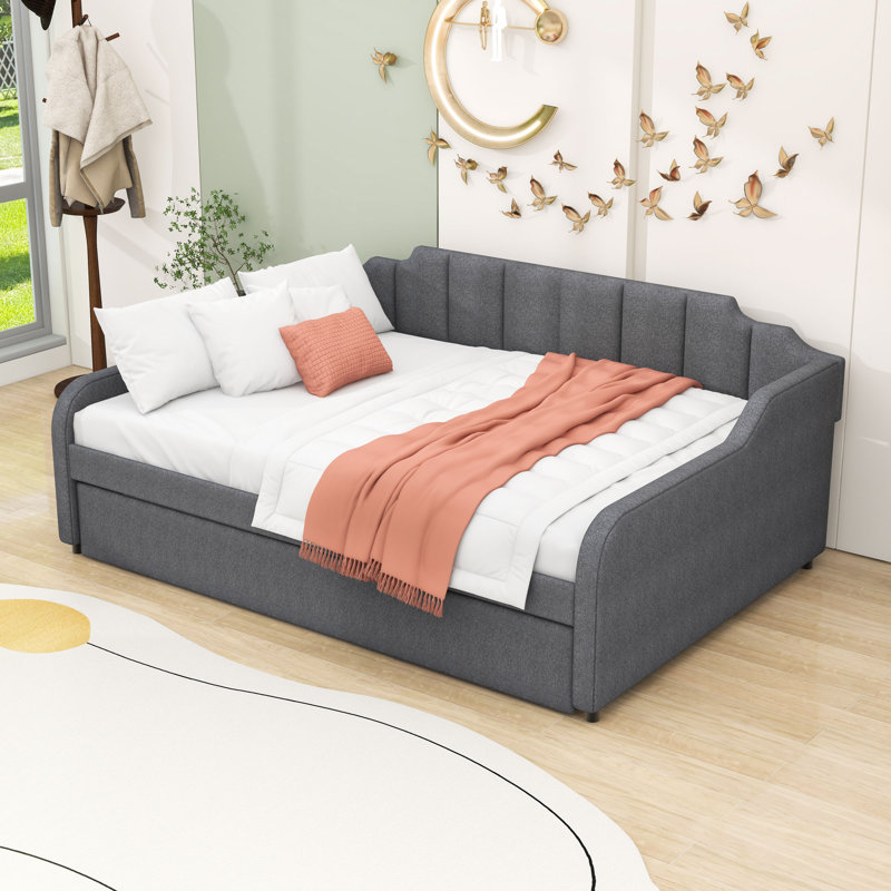 Full-Size Upholstered Daybed with Twin Trundle and USB Charging Armrest