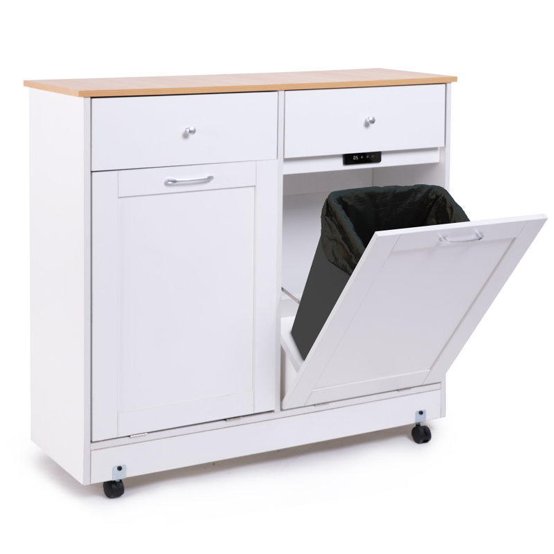 10-Gallon Double Tilt Trash Cabinet With 2 Drawers, Trash Cabinet With Storage On Wheels, White