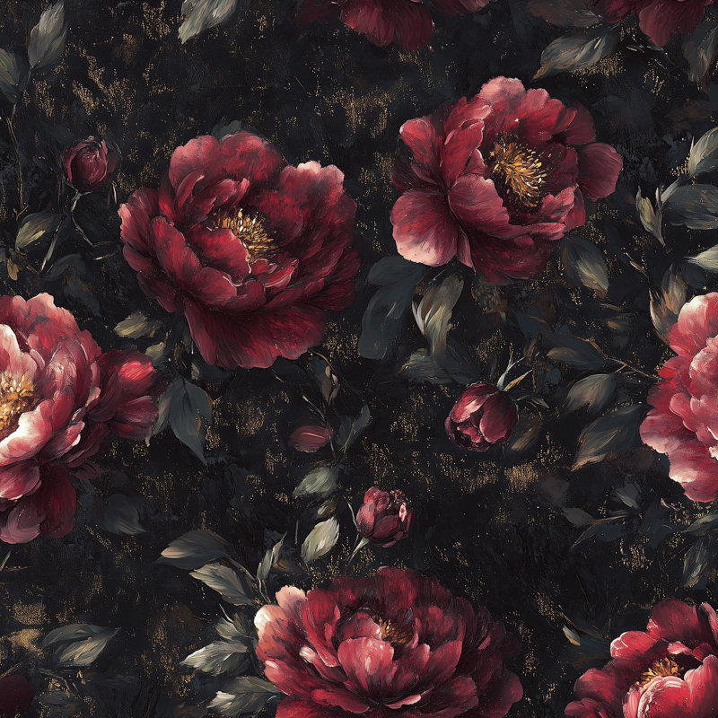 Papier peint floral, pivoines foncées, adhésif mural rétro