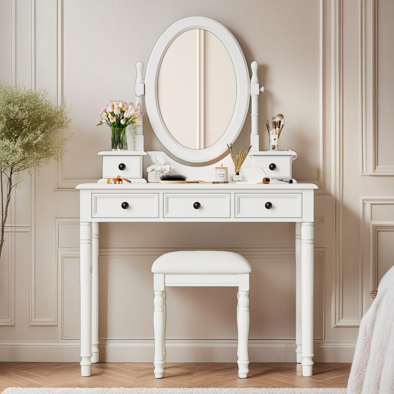 Makeup Vanity Desk Set With Adjustable Mirror, White