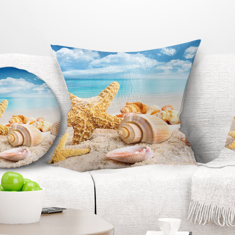 Coussin de mer étoile de mer et coquillages sur une plage, 16 po x 1 po, Coussin décoratif