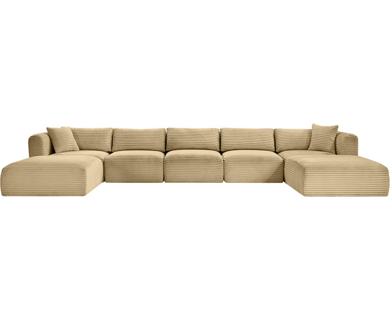 Canapé modulaire Carmean, Velours côtelé texturé Camel, 3 sans accoudoirs, 2 en coin, 2 repose-pieds