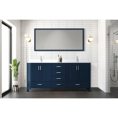 Meuble-lavabo double bleu marine l 72 po x P 22 po - comptoir en quartz blanc et système de tiroirs à miroir à fermeture en douceur de 28 po, grand espace de rangement avec 2 armoires, 6 tiroirs et tablette ouverte