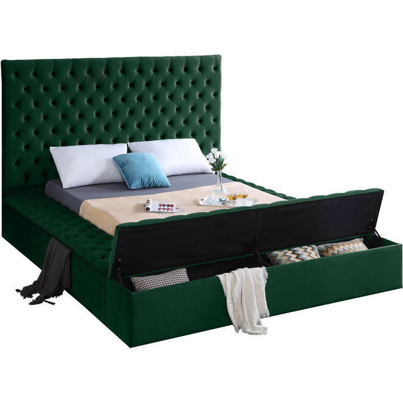 Lit plateforme tapissier avec rangement Johnnay, Très grand, Velours vert