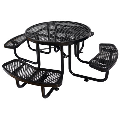Black 46" Round Picnic Table With Umbrella Support Socket - Steel For Fishing, Picnic, Camping Outdoor Pole Construction Camping, Tailgate Events
