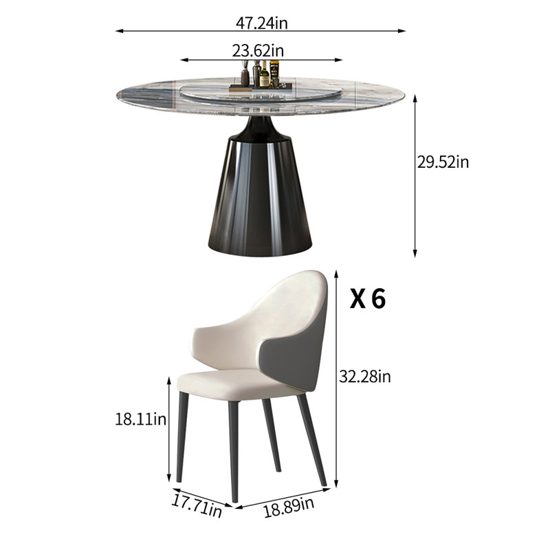 Luxury Modern Microlite Round Dining Table Set, 29.52"H x 47.24"L x 47.24"W, 7 Pieces: Table, 6 Chairs