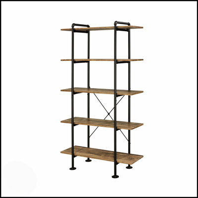 Rustic Oak & Black Finish Bookcase With Metal Frame And X-Bar Support, Perfect For Industrial Decor And Storage.
