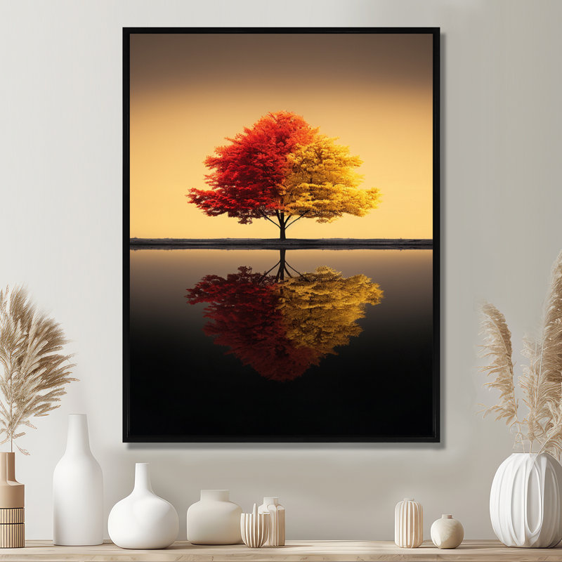 Arbre rouge et jaune dans un lac tranquille - arbre chêne, art mural, H 20 po x l 12 po x P 1 po