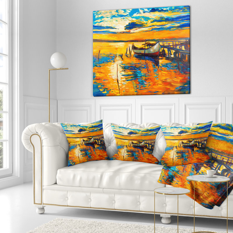 Coussin lombaire paysage bateau et jetée au coucher du soleil, 12 po x 20 po, Rectangulaire