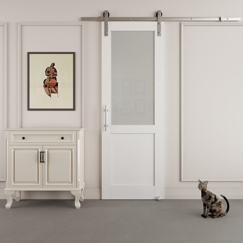Porte de grange coulissante en verre givré 80 po H 80 po avec quincaillerie nickelée (aucun assemblage requis), 28 po x 80 po