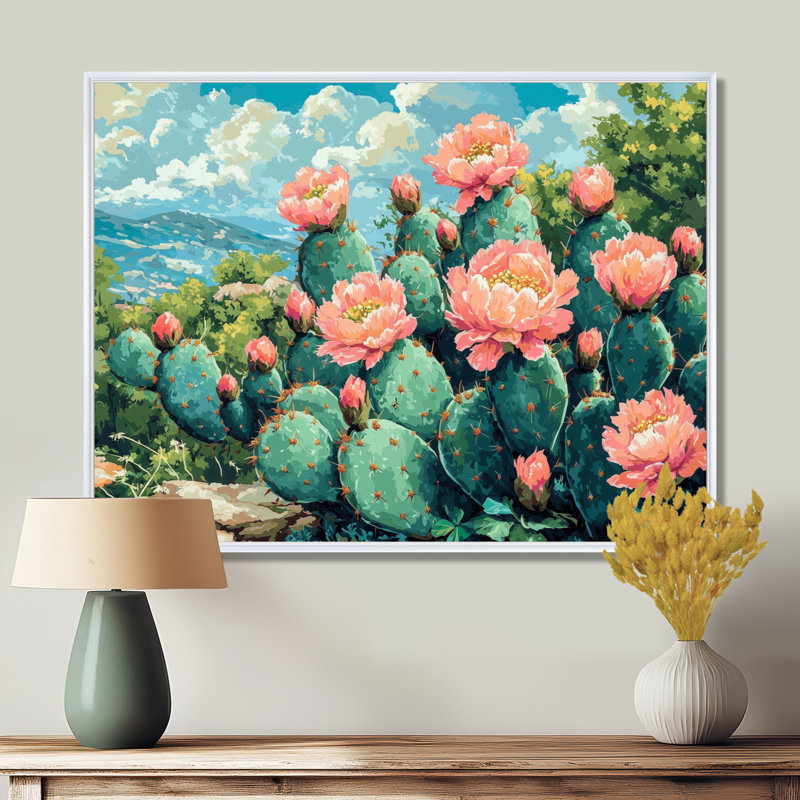Cactus Garden In Bloom II - cactus, art mural, H 12 po x l 20 po, Cadre flottant, Blanc