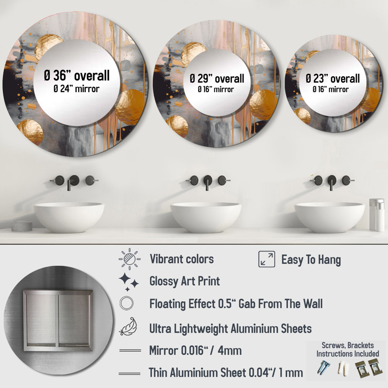 «Pilypas Metallic Circles On Marble Energy I» - miroir mural unique en marbre, 29 po x 29 po