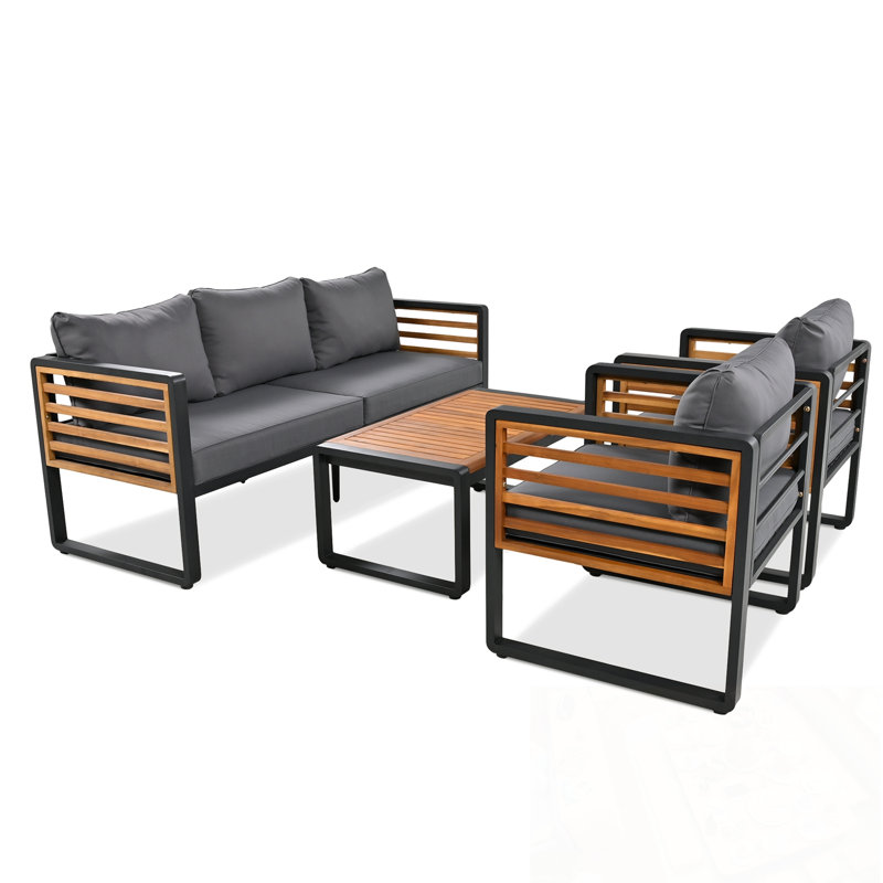 Ensemble de canapé 4 pièces à structure en métal et bois avec coussin amovible, Grey