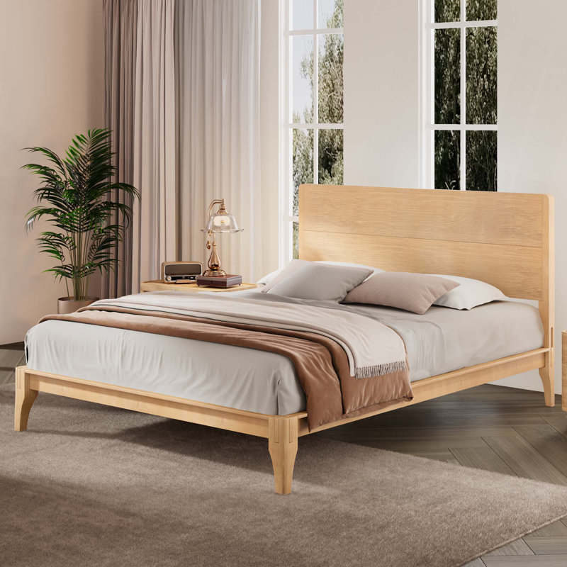 Lit plateforme Mid-Century moderne en bois de bambou de 12 pouces avec support en lattes de bois, Très grand lit, Naturel