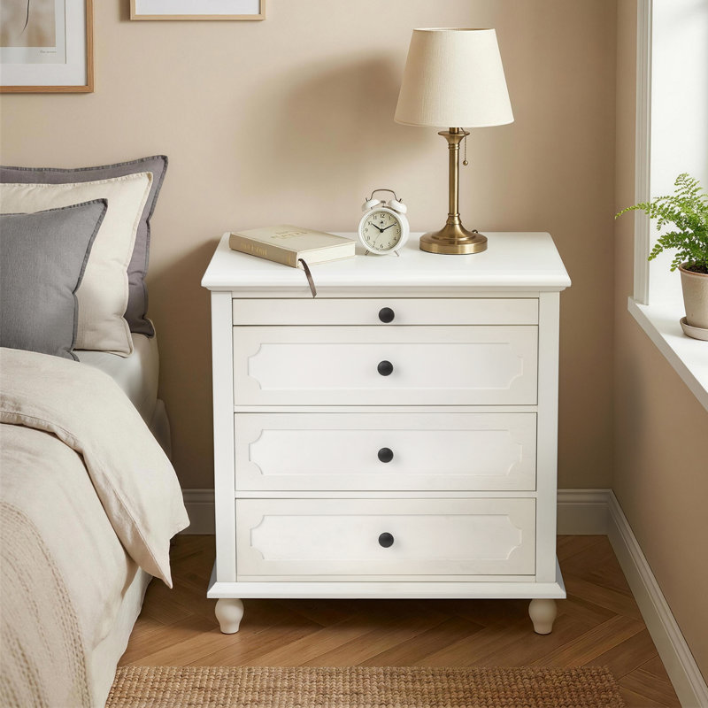 P2 MDF Nightstand Solid Legs USB Type-C Power 3 Drawers Tray 28.3 Inch, White