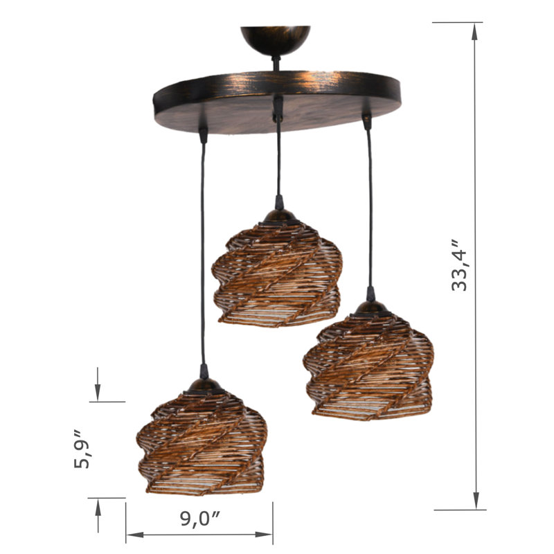 Lustre en bois avec imitation bonnet de bambou Antiquation, 33,9 x 33,9 x 5,9 pouces | Hauteur totale: 33,5 pouces | Certifié CE, 3 x douilles E27 (40 W maximum) | Élégant luminaire pour le salon, la salle à manger et le vestibule