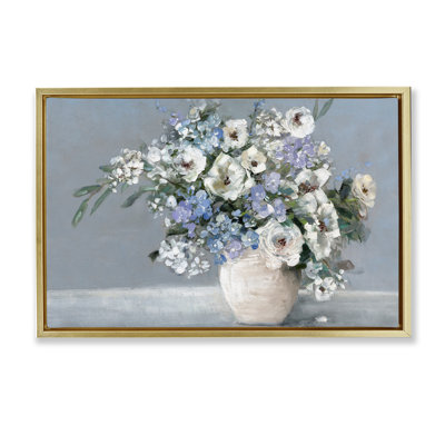 Fleurs élégantes sur cadre flottant bleu, design par Sally Swatland